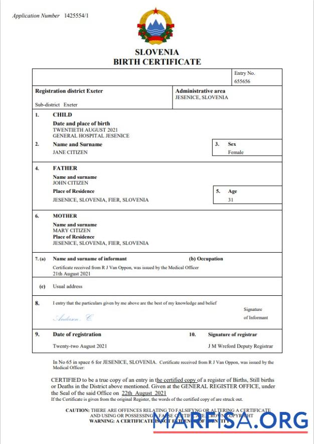 Blank Slovenia birth certificate Word and PDF template